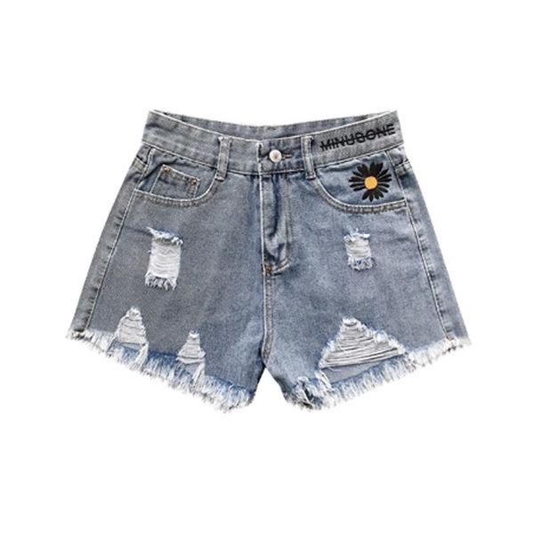 

women's jeans 2021 summer denim shorts women harajuku flower embroidery loose high waist pants vintage hole, Blue