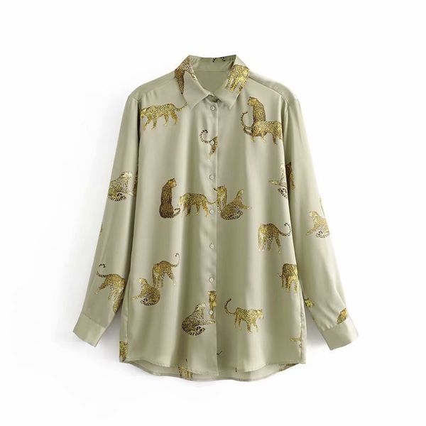 Vintage animal impressão blusa outono moda mulheres leopard impressão sarja camiseta elegante senhoras chique tops blusas mujer 210520