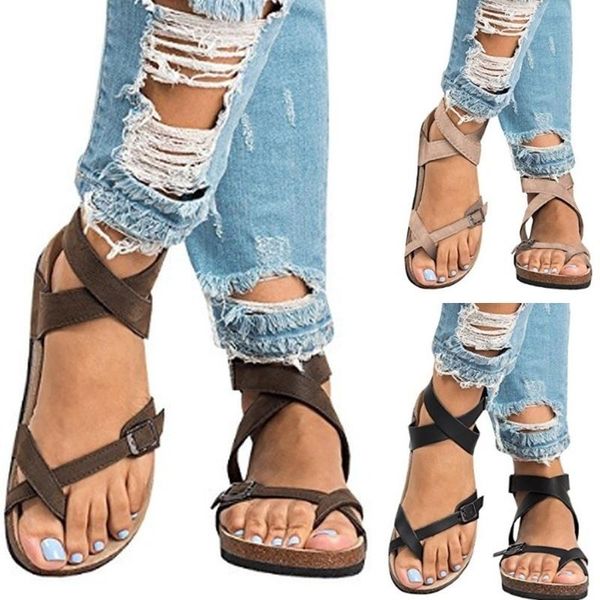 

sandals women roman flat gladiator summer fashion women's 2021 strap ankle buckle beach, Black