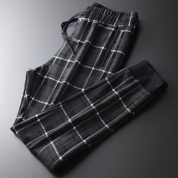 

men's pants classic thick mens luxury soft yarn dyed fabric plaid male size 4xl elastic waist slim fit trousers, Black