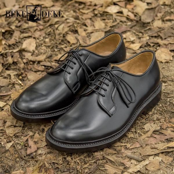 

dress shoes england style mens round toe low-lace up casual genuine leather vintage cowhide breathable outdoor shoe, Black