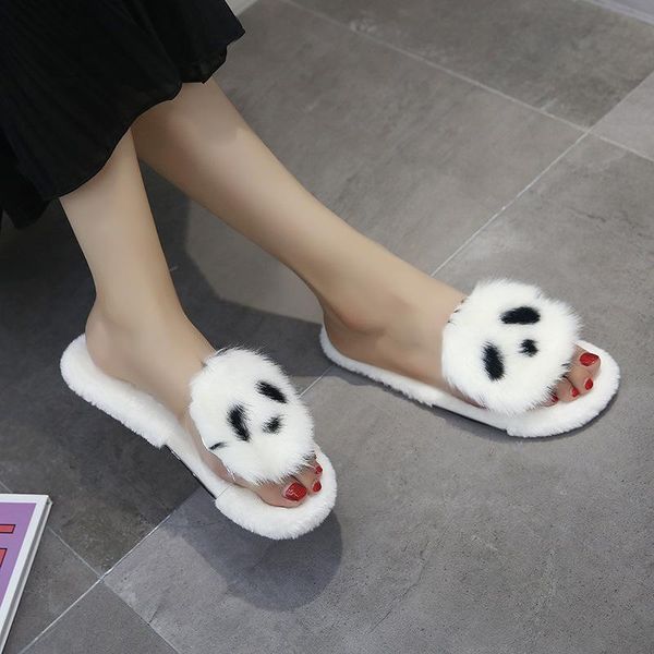 

slippers open toe outside shallow fluffy fur women leisure mixed colors cartoon animation ladies slides flat with winter shoes, Black
