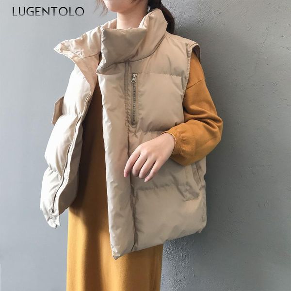 

women's vests lugentolo women vest coat fashion simple autumn winter korean warm loose standing collar zipper casual sleeveless, Black;white