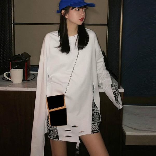 

women's hoodies & sweatshirts [ewq] 2021 spring summer hip-hop plus size hole patchwork full sleeve loose hem women sense of design swe, Black