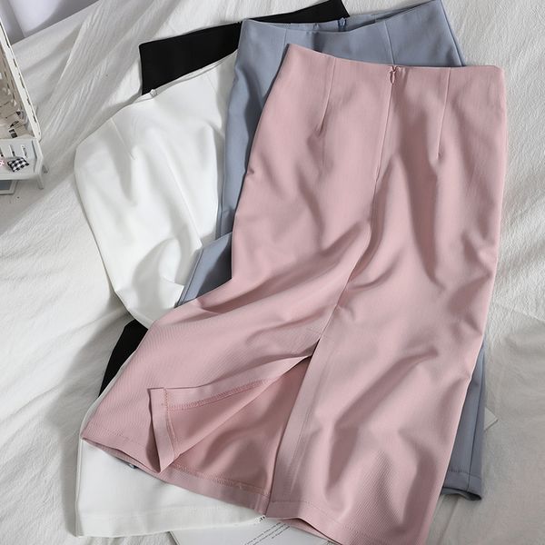 

summer with slits one-step skirt women vintage over-the-knee korean high waist solid color hip pencil office lady 210420, Black