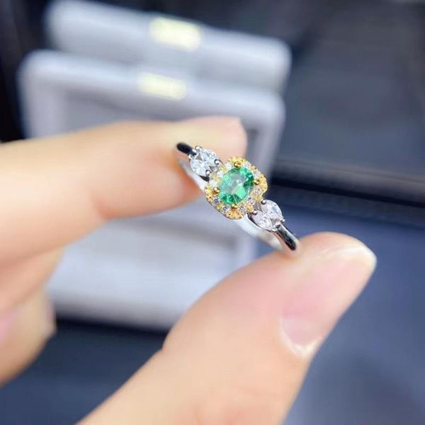 

cluster rings meibapj natural emerald gemstone fashion simple ring for women real 925 sterling silver charm fine wedding jewelry, Golden;silver