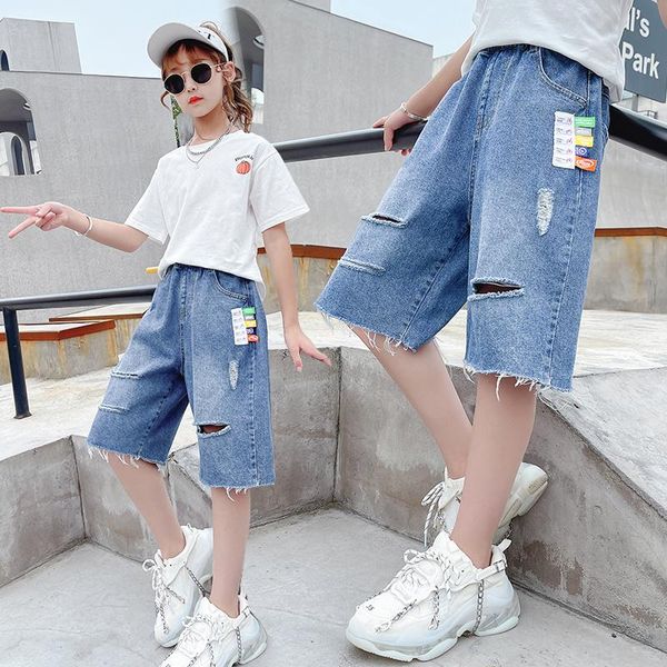 

baby girls clothes fashion bottoms summer mid-length pants hollow holes soft cotton denim shorts 3-14 yrs tween children's, Black