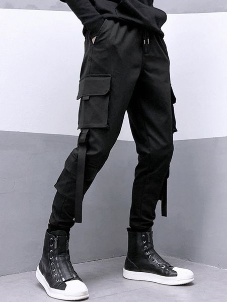 

men flap pocket buckled drawstring waist cargo pants g81l#, Black