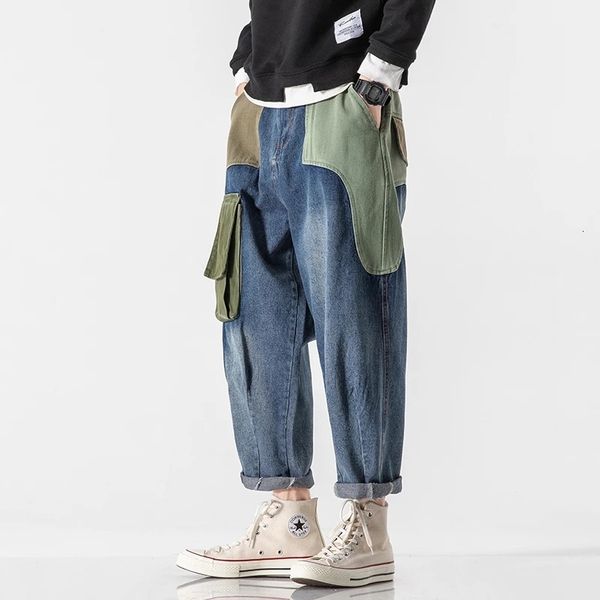 

men's jeans slacks of patchwork, pair jeans with lots pockets, small style, casual urban fashion tq4q, Blue