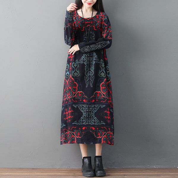 

johnature women o-neck fashion vintage floral print cotton linen dress autumn simple casual long sleeve female dresses 210521, Black;gray