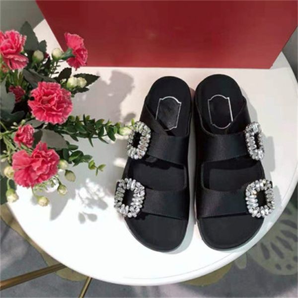 

slippers summer square buckle women's shoes cowhide casual open-toed flat double rhinestone cnp7, Black