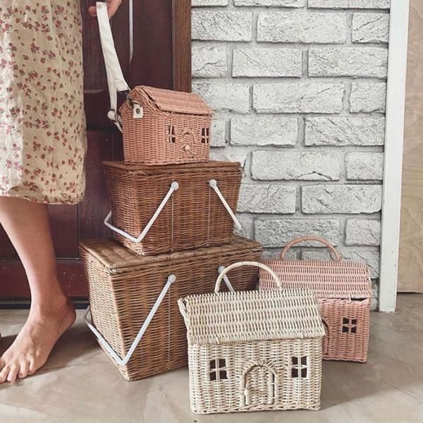 

storage bags small house shape portable messenger bag handmade rattan woven with handle basket picnic vintage kids