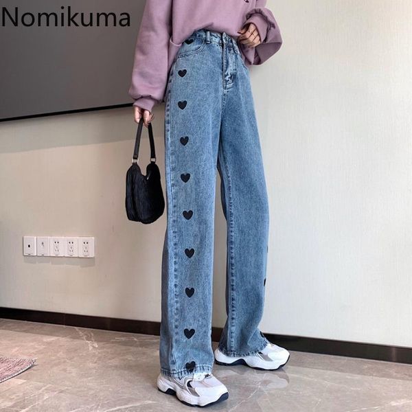 

nomikuma love heart embroidery straight jeans autumn winter high waist denim trousers female casual loose pantalones femme 3d344 women', Blue