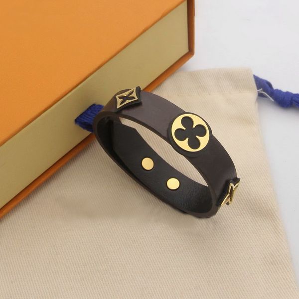 

europe america fashion style lady women three flower print v letter pattern leather my v icons bracelet bangle m6791e, Black