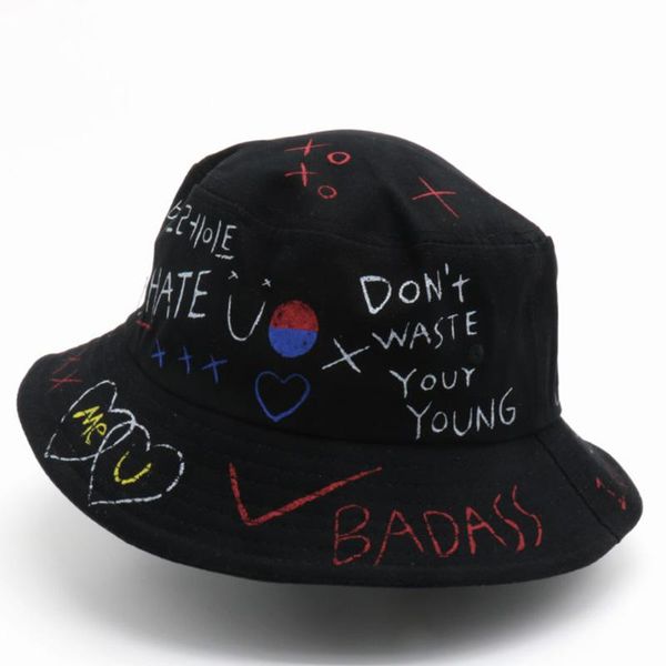 

cloches personality letters graffiti bucket hat men women fisherman street hip-hop couple cap outdoor uv protection sun