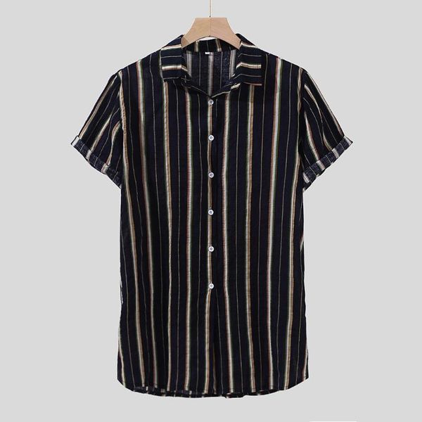

men's casual shirts 2021 hawaiian shirt man black stripe turn-down collar short sleeve beach male blouse camisas hombre, White;black