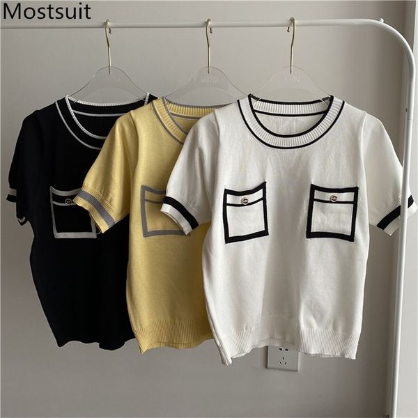 

korean vintage knitted pullover sweater women summer short sleeve o-neck pockets color-blocked fashion elegant jumpers 210513, White;black