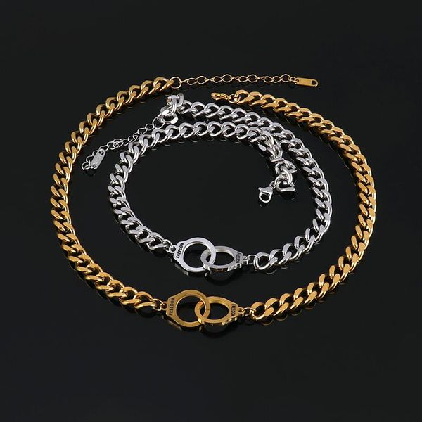 

chains stainless steel handcuff necklace for women men clavicle chain punk thick street style handcuffs pendant choker, Silver