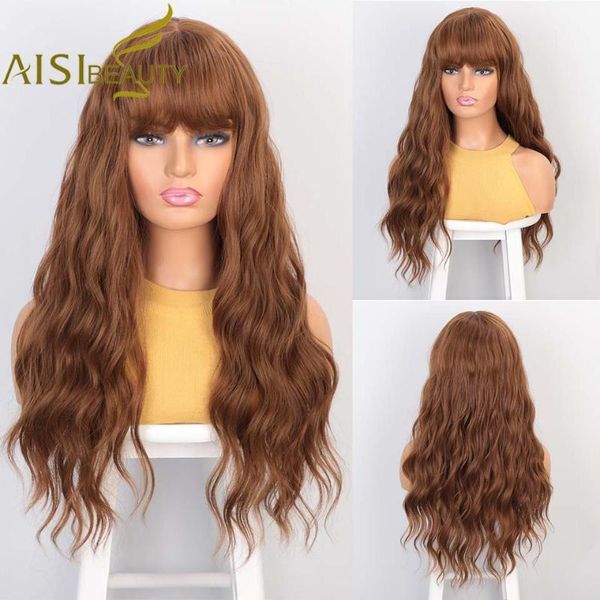 

beauty long synthetic wigs with bangs mix brown water wave natural look heat resistant hair for women african american wig1, Black