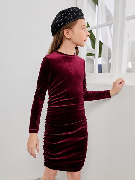 

girls ruched velvet dress she, Red;yellow