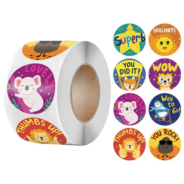 

New Animals Sticker for Kids 500pcs/roll Catton Sticker With Encourage Words 1 inch for School Teacher Supplies Reward Sticker
