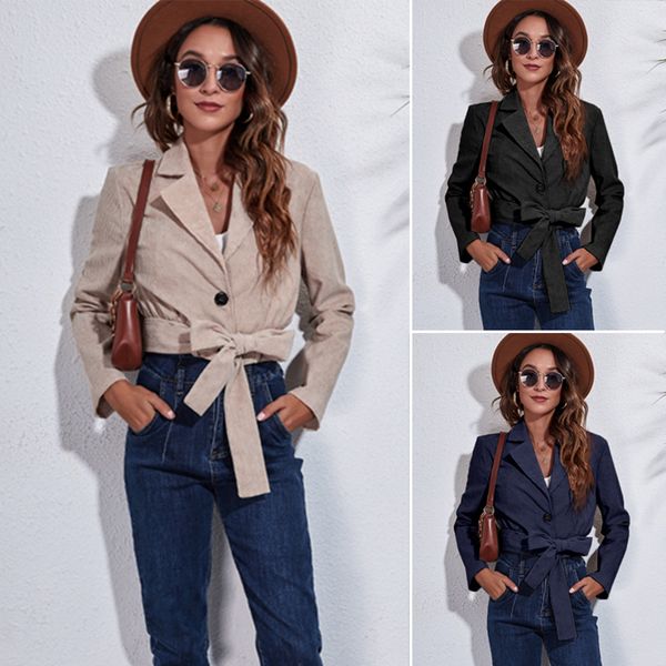

european american women's jackets suit collar corduroy jacket long sleeve short coat with belt, Black;brown