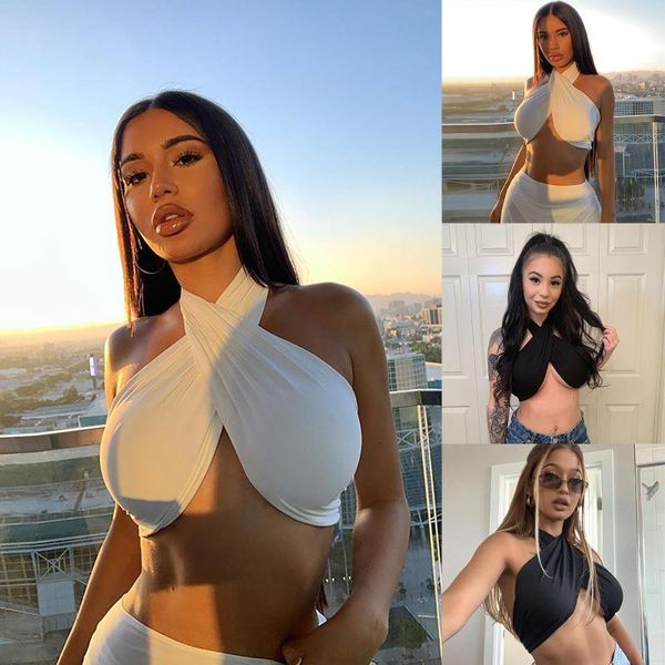 

women's underwear crop fashion casual solid color open back bandage hanging neck for women bra vest gym clothing, White;black