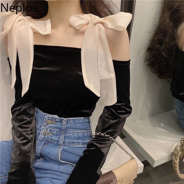 

neploe lady spring shirts slash neck off shoulder lace up bow blouses women vintage black velvet blusas mujer 210422, White