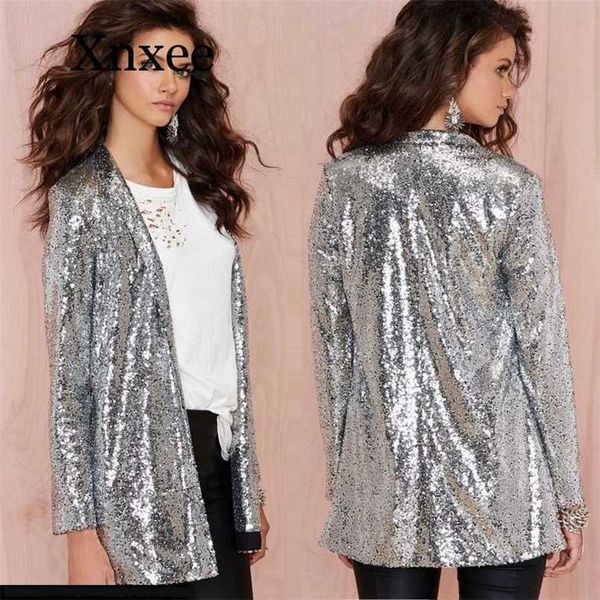 

silver sequin blazers jacket gold bling silver black women long sleeve elegant suit coat night club glitter shiny punk outwear 211122, White;black