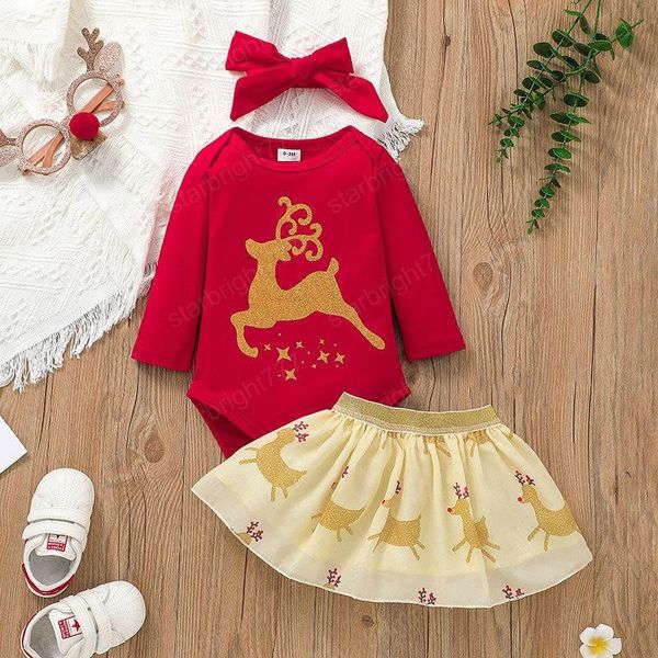 

christmas baby clothing set gold reindeer rompers+skirt fall kids boutique clothes 0-2t infant toddlers girl outfits good quality, White