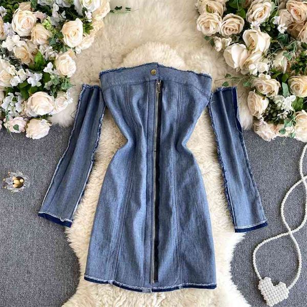 

jeans dress women strapless mini party design removable long sleeve front zipper clubwear denim vestidos 210603, Black;gray