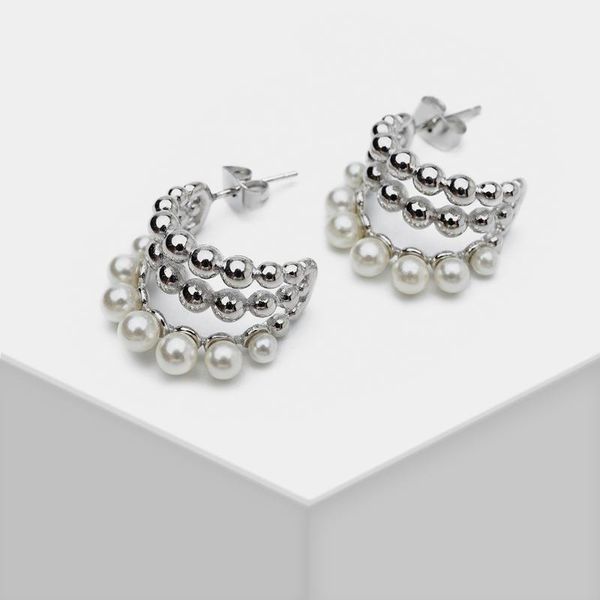 

hoop & huggie h9 amorita boutique trendy three layered cute pearl earrings for women girl gold earring gift 2021, Golden;silver