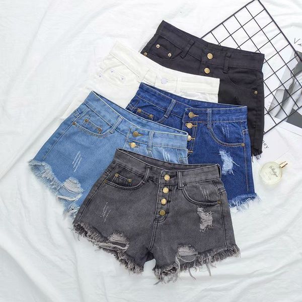 

women's high waist breasted pierced jeans shorts lace 2020 summer new korean a-line wide leg pants, White;black