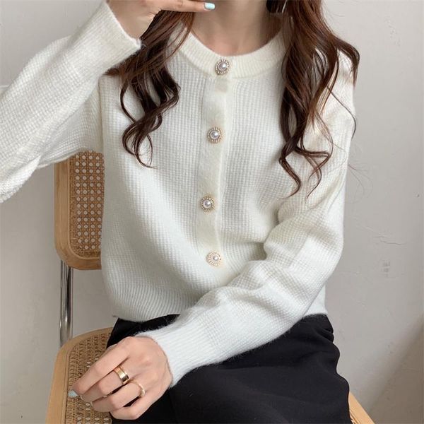 

women's knits & tees qila autumn winter french style elegant shiny diamond buckle soft glutinous loose knitted sweater cardigan coat fo, White