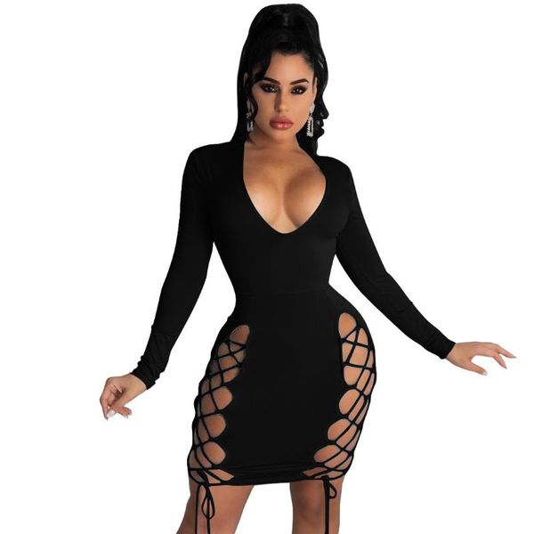 

casual dresses 2021 women's deep v neck long sleeve bandage bodycon dress nightclub, Black;gray