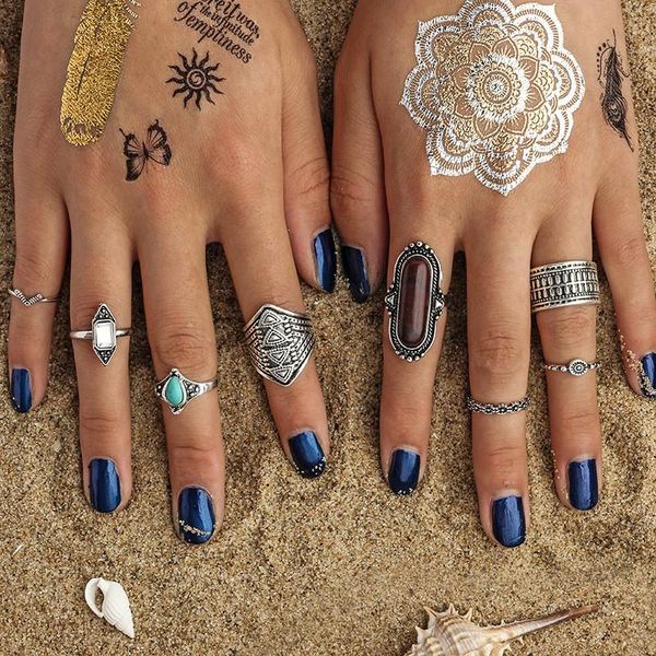 

wedding rings wintexue 8pcs/lot punk vintage gold/silver color crystal knuckle for women jewelry exaggerate ethnic stone finger, Slivery;golden