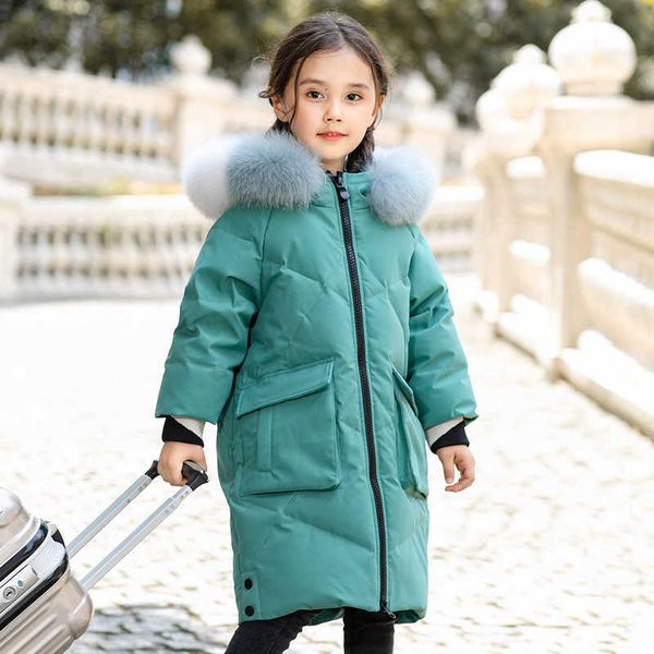Roupas de inverno de meninas longas crianças mornas crianças para baixo jaqueta real guaxinim colarinho de peles meninas roupas snowsuit para crianças casaco tz836 h0910