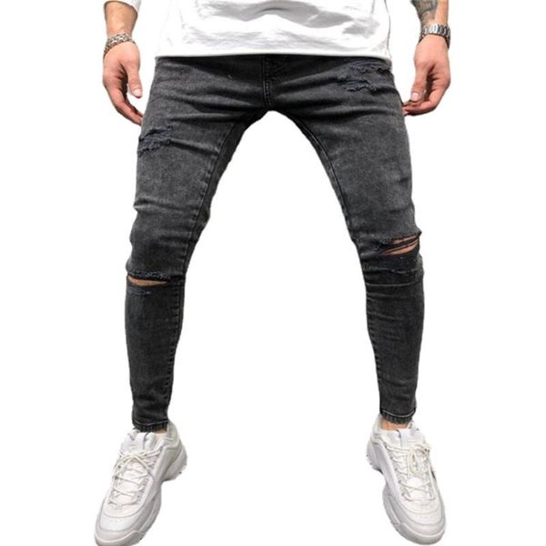 

men's jeans autumn men designer skinny ripped hole brand black casual stretch slim hip hop denim pants streetwear us size, Blue