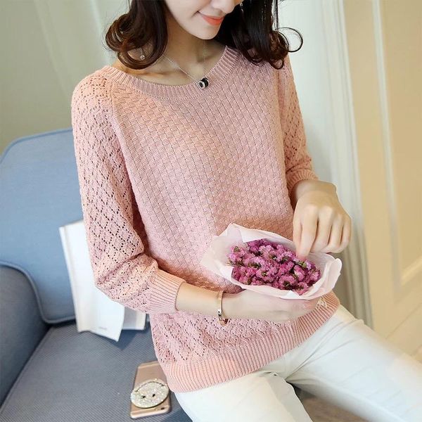 

women's sweaters women casual knit base sweater long sleeve o neck fashion loose elegant slim female white hollow out, White;black