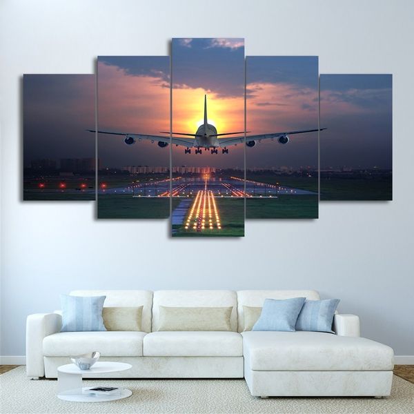 

5 pieces sunset lights airplane lawn hd canvas painting wall art aircraft posters home decor pictures for living room(no frame)