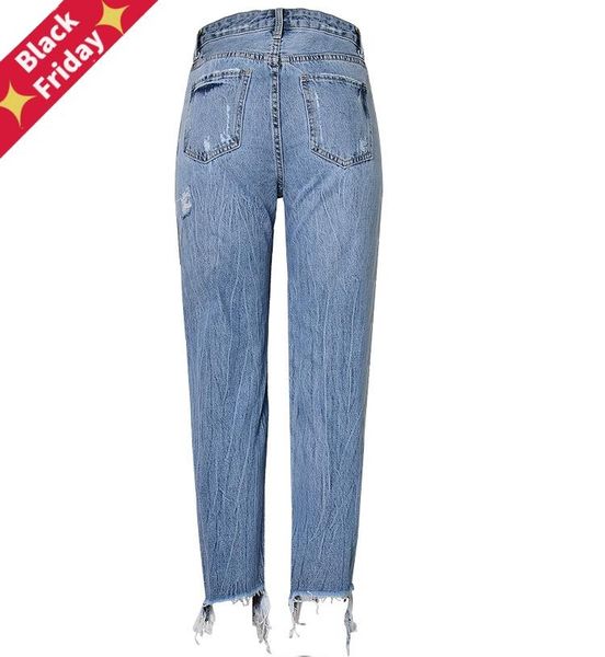 

high waist slim straight pearl 3 color studs irregular foot fringe hole denim trousers women's jeans, Blue