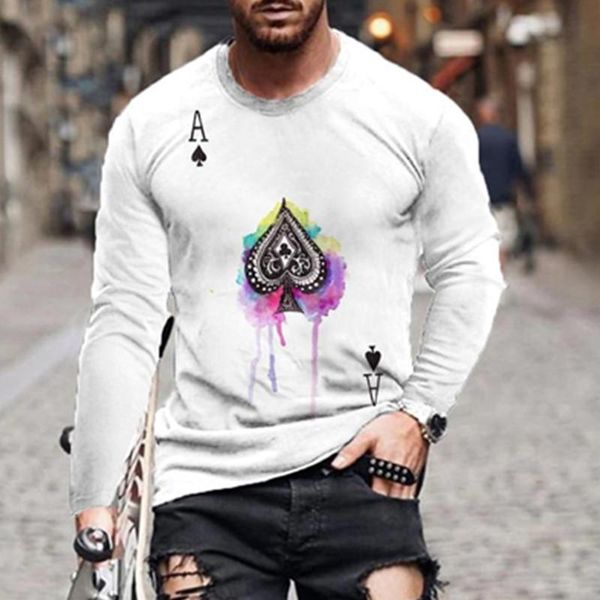

men's t-shirts fashion vintage poker printed long sleeve white tshirts autumn men oversized o collared graphic t shirts anime clothes, White;black