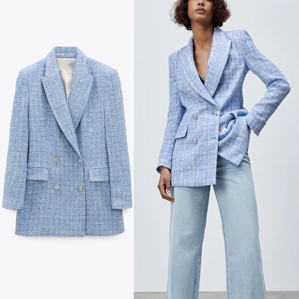 

blazers women textured plaid blazer pronounced shoulder long sleeve blue office blazers coat double breasted button spring top, White;black