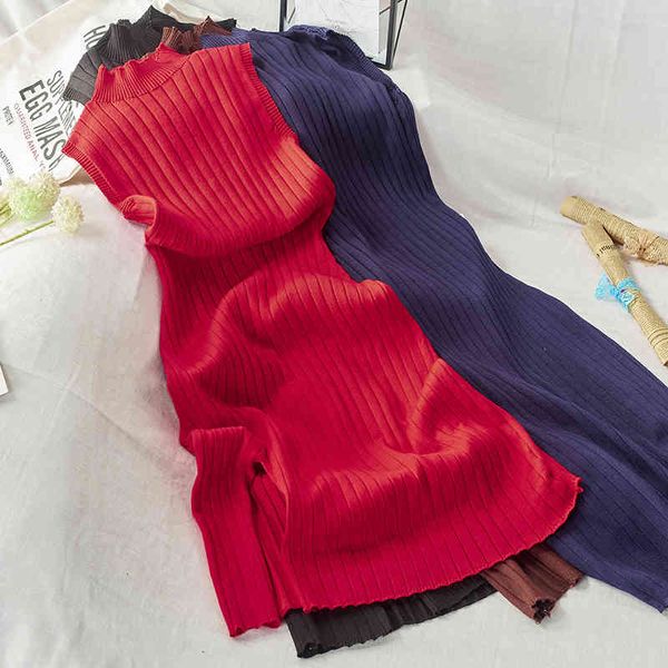 

dresses autumn semi-high collar sleeveless slim split long rib knitted base red navy coffee, Black;gray