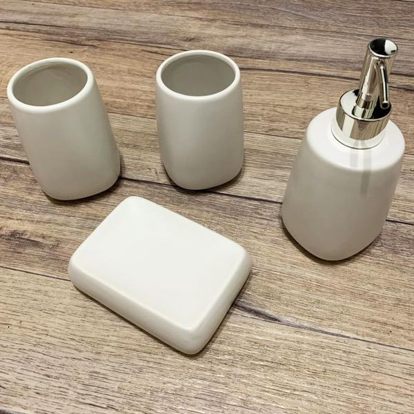 

4pcs ceramic bathroom accessories set soap dish toothpaste holder press emulsion dispenser container for household bath accessory