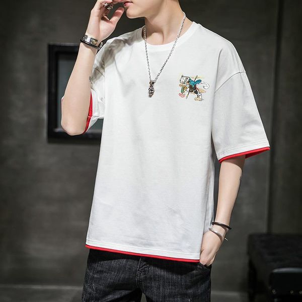 

guochao 2021 new summer short sleeve t-shirt men's fashion brand cotton loose student character versatile top, White;black