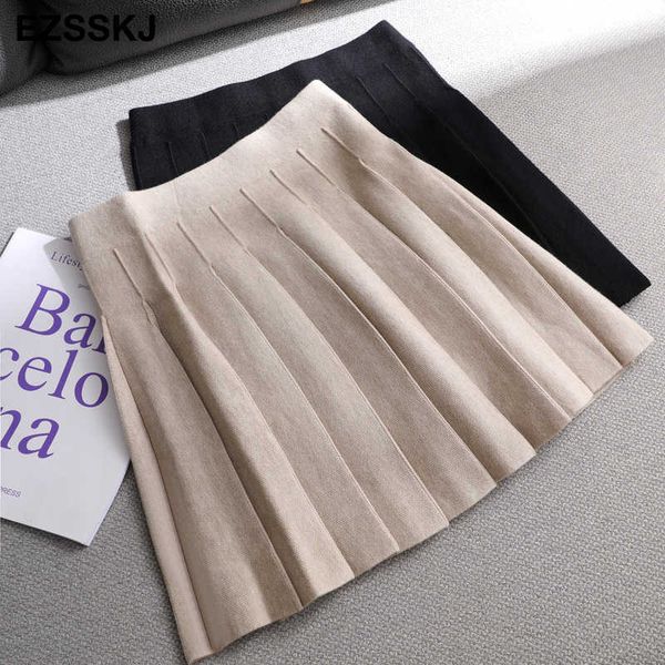 

autumn winter a-line thick short sweater skirt women good quality cute pleated mini skirt female elegant knit skirt 210708, Black