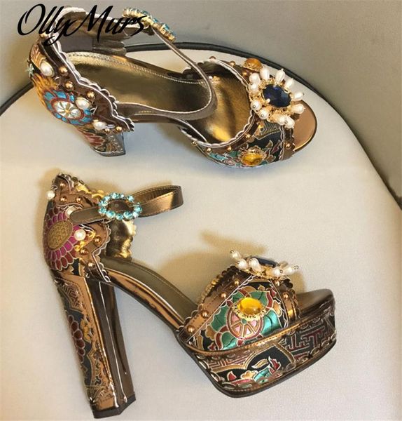 

dress shoes ollymurs latest designer high heel platform sandals pearl flower women crystal embellished ankle strap covered, Black