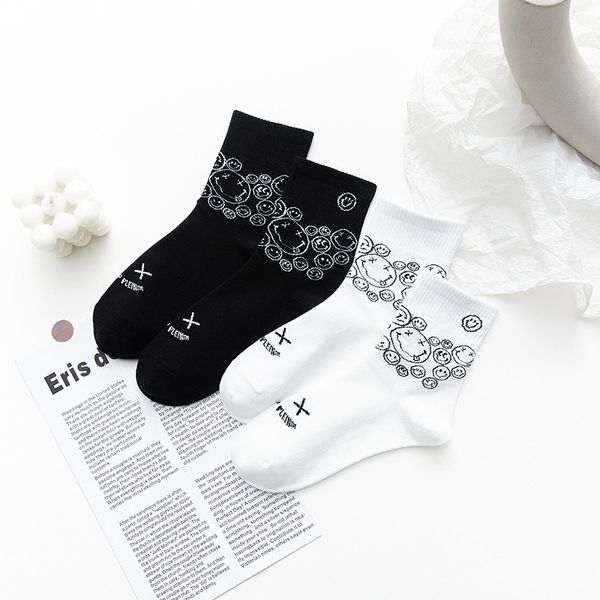

socks women's high tube autumn and winter all cotton black white versatile medium letter smiling face