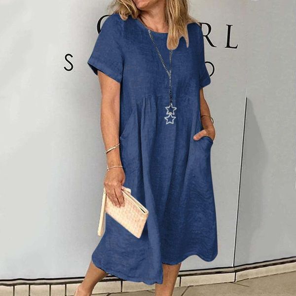 

casual dresses women's elegant daily large sizes midi soild plus size o-neck pockets loose short sleeve dress summer vestidos, Black;gray